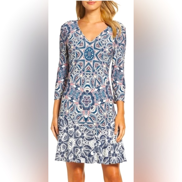 Eliza J. Soft Jersey 3/4 Sleeves A-Line Paisley Print Fit & Flare Mini Dress - Picture 1 of 9